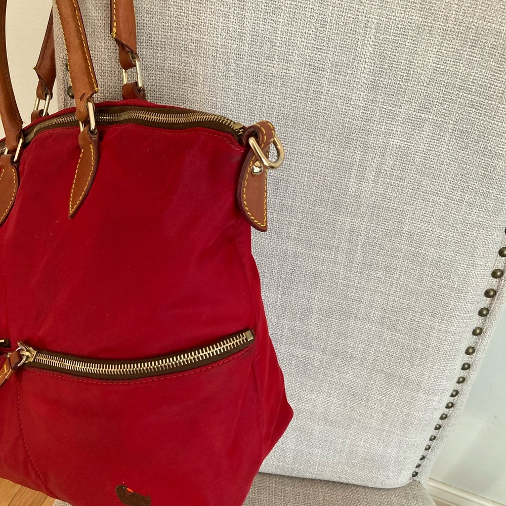 Dooney & Bourke Red Nylon Tote with Brown Leather Trim - Picture 3 of 9